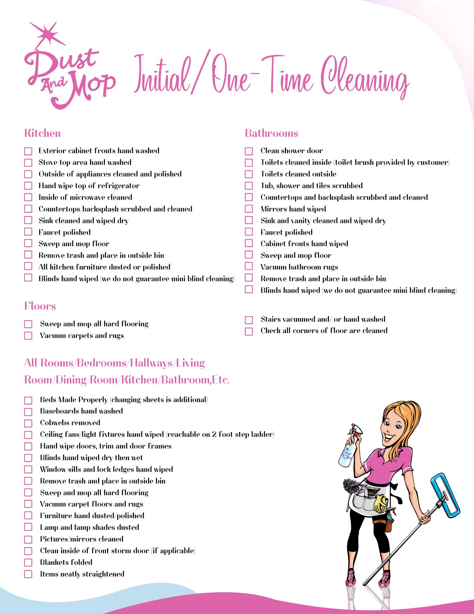 One Time House Cleaning Checklist from Dust and Mop House Cleaning