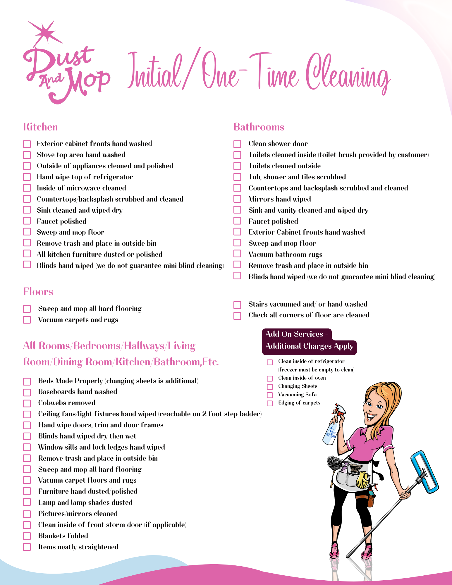 One Time House Cleaning Checklist that outlines rooms and what is completed for Recurring Services.